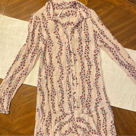 FREE PEOPLE PINK FLORAL LONG SLEEVE 
BUTTON DOWN SHIRT DRESS XS - Picture 2 of 5